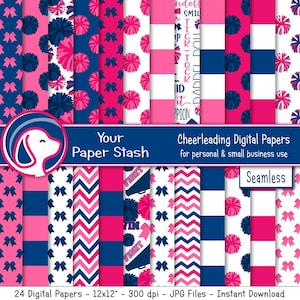 Felroze marineblauwe cheerleader naadloze digitale papieren, pompon haarstrikontwerpen cheerleading plakboekpapier