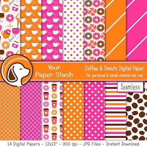 May include: A set of 14 digital papers featuring coffee and donut patterns. The patterns include polka dots, stripes, and checkered designs in pink, orange, and white. The text "Your Paper Stash" and "Coffee & Donuts Digital Paper" is included in the image. The text "Seamless" is also included in the image.