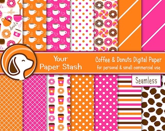 Coffee And Donut Digital Scrapbook Paper, Pink Orange Coffee Donut Shop Backgrounds, Pink Polka Dot Digital Papers, Coffee Been Pattern