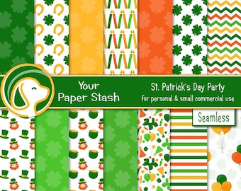 May include: A set of 14 digital papers featuring St. Patrick's Day themed patterns. The patterns include shamrocks, horseshoes, leprechauns, pots of gold, and balloons. The papers are 12 inches by 12 inches and 300 dpi. The text "Your Paper Stash" and "St. Patrick's Day Party" is included in the image.