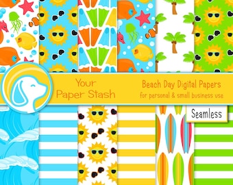 Summer Beach Day Digital Scrapbook Papers, Fish Digital Background Patterns, Seamless Sun Palm Tree Sufrboard Sublimation Designs