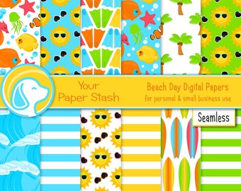 Strandtag Digitales Papier 12x12, nahtlose Sommer Scrapbook Hintergründe mit Meeresfisch Surfbrettern Palmen
