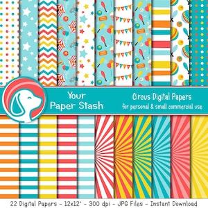Circus Digital Scrapbook Papers for Birthday Parties and Scrapbooking Pages, Big Top Circus Paper Pack, Carnival Paper Commercial Use