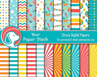 Circus Digital Scrapbook Papers for Birthday Parties and Scrapbooking Pages, Big Top Circus Paper Pack, Carnival Paper Commercial Use