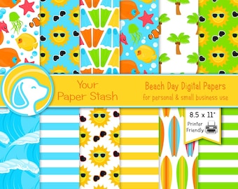 Printable Summer Digital Paper Pack, Fish Digital Scrapbook Background Patterns, Sun Palm Tree Surfboard Sublimation Designs Download