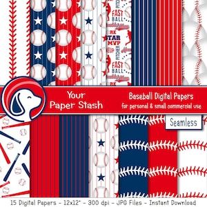 Carta per album digitale da baseball senza soluzione di continuità, motivi di sfondo digitale da baseball blu navy rosso con disegni a strisce di mazze e palline da baseball da scaricare