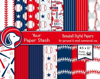 Op de afbeelding: 15 digitale papieren met baseballthema's. De papieren zijn in de kleuren rood, wit en blauw met baseballs, sterren, knuppels en stiksels. De papieren zijn 8,5 inch bij 11 inch en 300 dpi. De papieren zijn JPG-bestanden en zijn direct te downloaden.