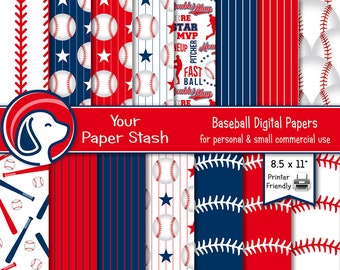 Printable Baseball Digital Scrapbook Paper, Red Navy Blue Baseball Digital Paper Patterns with Bats Balls Striped Designs Download 8.5x11