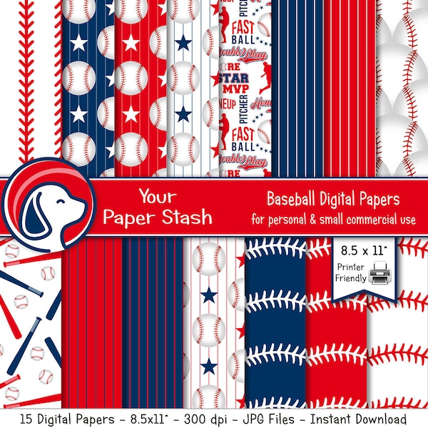 Printable Baseball Digital Scrapbook Paper, Red Navy Blue Baseball Digital Paper Patterns with Bats Balls Striped Designs Download 8.5x11