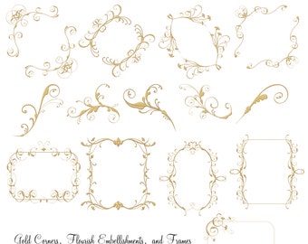 Clipart dorado, filigrana floreciente, clipart metálico, marcos digitales, esquina dorada, boda, aniversario, bordes elegantes, uso comercial