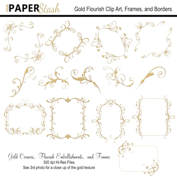 Gold Clipart, Flourish Filigree, Metallic Clipart, Digital Frames, Gold Corner, Wedding, Anniversary, Elegant Borders & Edges, Commecial Use