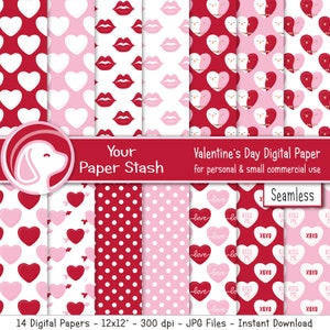 Papiers d’album numériques rouges et roses pour la Saint-Valentin, conversation de tourtereau Heart Lips Kiss Digital Paper Pack, arrière-plans de la Saint-Valentin CM104