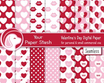 May include: A set of 14 digital Valentine's Day papers featuring various patterns with hearts, lips, polka dots, and birds. The papers are 12 inches by 12 inches and 300 dpi. The text "Your Paper Stash" and "Valentine's Day Digital Paper for personal & small commercial use" is included in the image.