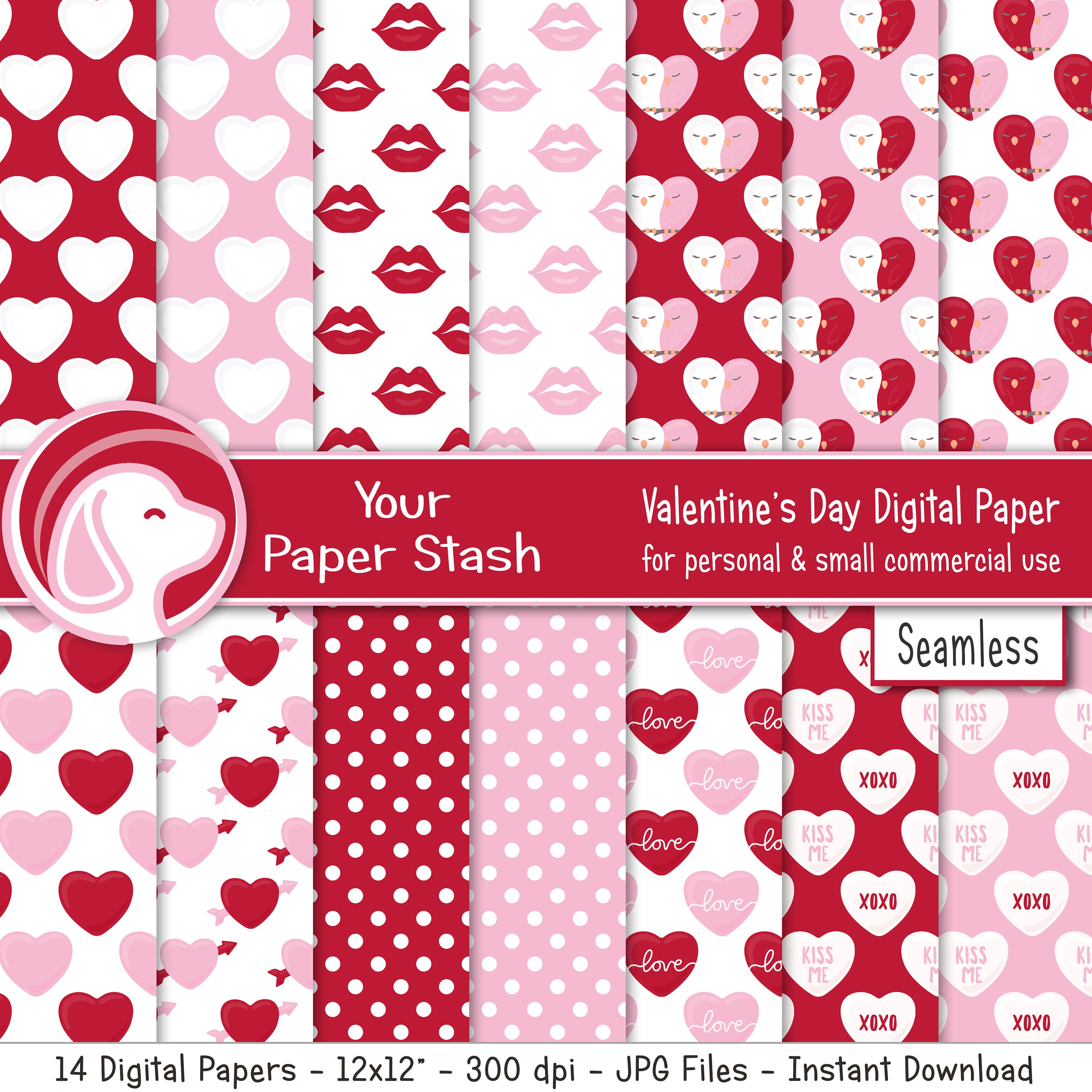 Valentine's day paper,14 scrapbook papers, pink and red paper, paper  pack,hearts paper, instant download, free commercial use,junk journal