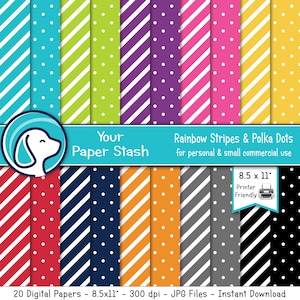 8.5x11 Rainbow Striped & Polka Dot Digital Paper Pack, Papeles de Scrapbooking de Color Primario w / Líneas Diagonales y Lunares, Uso Comercial