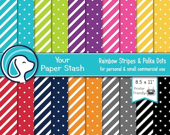 Rainbow Scrapbook Paper Pack 8.5x11, Primary Color Diagonal Stripe Polka Dot Backgrounds, Classroom Printable Paper Instant Download