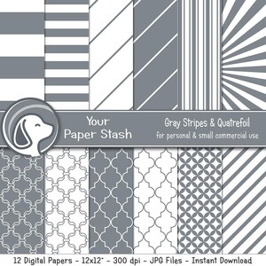 Gray Striped Digital Papers With Quatrefoil Patterns, Silver Wedding Scrapbook Paper, Wide Stripes & Diagonal Lines, Retirement Paper
