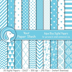 Aqua Blue Summer Digital Scrapbook Paper Pack, Blue Birthday Digital Paper Backgrounds with Stars Stripes Polka Dots & Geometric Patterns