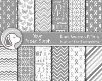 Gray Brain Cancer Awareness Digital Papers, Cancer Awareness Backgrounds, Grey Hope Ribbon Butterflies Word Collage Digi Paper Download