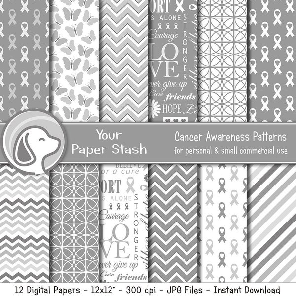 Gray Brain Cancer Awareness Digital Papers, Cancer Awareness Backgrounds, Grey Hope Ribbon Butterflies Word Collage Digi Paper Download