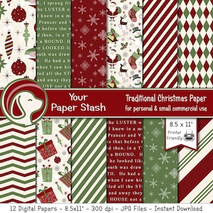 Carta per scrapbooking digitale tradizionale natalizia, sfondi strutturati, design natalizi retrò con decorazioni di Babbo Natale, regali e fiocchi di neve / CM101