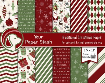 Traditional Christmas Digital Scrapbook Papers, Textured Backgrounds, Retro Christmas Designs w/ Santa Ornaments Gifts & Snowflakes / CM101
