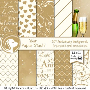 Paquete de papel de álbum de recortes digital del 50 aniversario de bodas de oro, papel de papelería de aniversario imprimible, descarga instantánea de uso comercial
