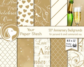 Paquete de papel digital para álbum de recortes del 50.º aniversario de bodas de oro, papel de papelería imprimible para aniversario, descarga instantánea para uso comercial.