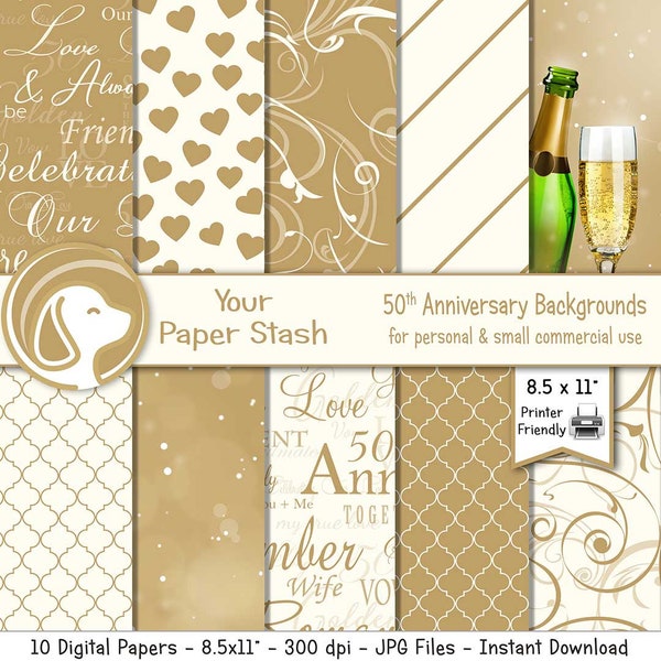 50th Golden Wedding Anniversary Digital Scrapbook Paper Pack, Printable Anniversary Stationery Paper, Commercial Use Instant Download