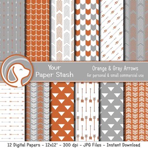 Tribal Arrow Digital Scrapbook Papers in Orange & Gray for Planner Stickers Father&#39;s Day Scrapbook Pages and Cards, Men&#39;s Digital Paper