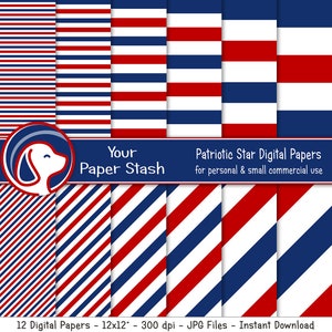 Patriotic Red White Blue Stripe Digital Paper Pack, 4 juillet Memorial Day Scrapbook Paper, Veterans Day Patriotic Diagonal Stripe / CM107