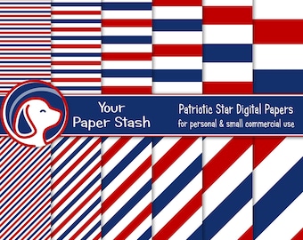 Paquete de papel digital con rayas rojas, blancas y azules patrióticas, papel para álbum de recortes del Día de los Caídos del 4 de julio, fondo del Día de los Veteranos