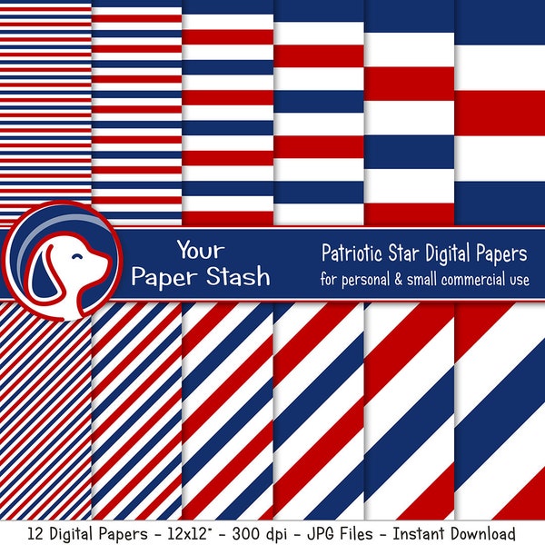Patriotic Red White Blue Stripe Digital Paper Pack, 4th of July Memorial Day Scrapbook Paper, Veterans Day Patriotic Diagonal Stripe / CM107
