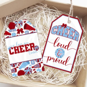 Étiquettes imprimables pour cadeaux de pom-pom girl, étiquettes cadeaux imprimables bleu clair rouge pom-pom girl, étiquette à biscuits maman entraîneur d'équipe cheer téléchargement immédiat
