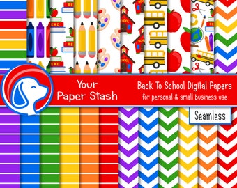 Back to School Digital Paper Pack, Kid Scrapbooking Paper Patterns, Crayon Pencil School Bus Teacher Sublimation Backgrounds Download