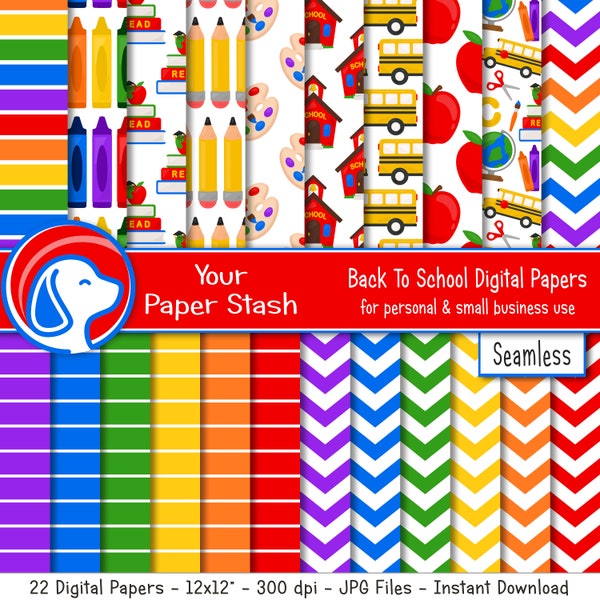 Back to School Digital Paper Pack, Kid Scrapbooking Papier Muster, Buntstift Bleistift Schulbus Lehrer Sublimation Hintergründe Download
