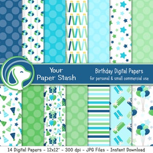 Papéis digitais e fundos de scrapbook de aniversário de menino, páginas de scrapbooking de aniversário masculino, papéis digitais de bebê menino, fundos de balão