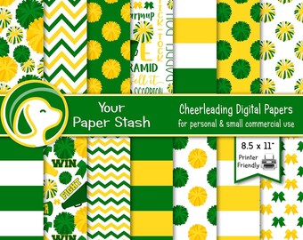 May include: 14 digital papers featuring cheerleading themes. The papers include green and yellow stripes, chevron patterns, pom-poms, and the words "Roundoff, Row, Arm Up, Tick-Tock, Lock, E, Ramid, Fell It, Occodion, Win, Fight".