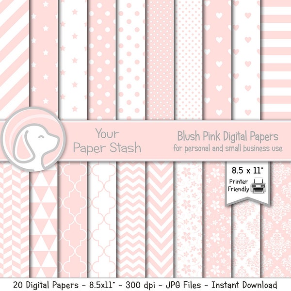 Printable Pink Blush Digital Scrapbook Papers, Pink Chevron Stripe Polka Dot Heart Damask Polka Dot Geometric Digital Pattern Download