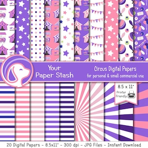 Afdrukbare Circus Carnaval Digitale Paper Pack, Lavendel Roze Meisje Verjaardag Digitale Papieren, Ballon Star Achtergronden, Gestreept Digitaal Papier