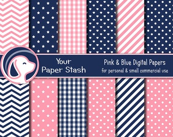 Pink & Blue Digital Scrapbook Papers, Boy or Girl Digital Paper Pack, Pink Polka Dot Paper, Blue Chevron Paper for Commercial Use