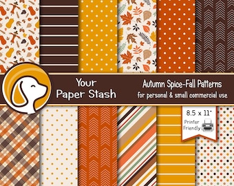 8.5x11" Autumn Fall Digital Paper Pack, Pumpkin Spice Fall Leaves Scarecrow Arrow Striped Scrapbook Background Design Commercial Use / PS102