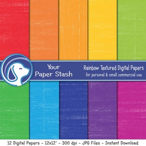 Carte digitali strutturate arcobaleno per pagine di album di ritagli di compleanno estivo, sfondi strutturati arcobaleno luminosi, download istantaneo per uso commerciale