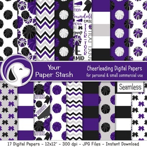 Seamless Cheerleader Digital Scrapbook Papers, Purple Black Gray Cheerleading Digital Paper Patterns, Pom Pom Megaphone Cheer Team Images