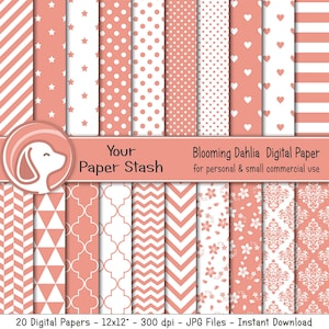 Pfirsich Koralle Digitales Scrapbook Papier Pack mit floralen Pünktchen streifen und Herz Mustern, Koralle Hochzeit und Geburtstagspapiere, Kommerzielle Nutzung