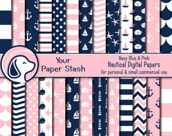 Pink and Navy Nautical 12x12 Digital Paper Pack, Anchor Sailboat Gender Reveal and Baby Shower Patterns