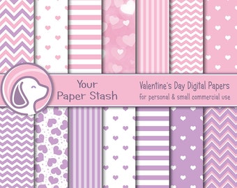 Romantic Heart Valentine's Day Digital Paper Pack, Pink and Lavender Heart Scrapbook Paper Commercial Use Instant Download
