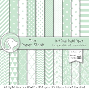 8,5x11" Carta digitale verde menta e sfondi per compleanni, baby shower e matrimoni, carta stampabile verde menta e cancelleria da scaricare