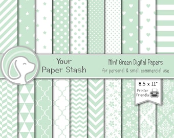 8.5x11" Mint Green Digital Papers, Birthday Baby Shower Wedding Scrapbook Paper, Printable Backgrounds and Stationery