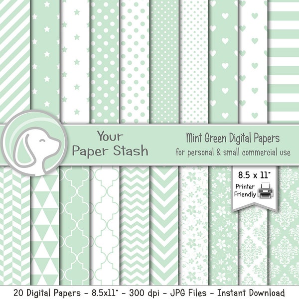 8.5x11" Mint Green Digital Papers and Backgrounds for Birthdays Baby Showers & Weddings, Mint Green Printable Papers and Stationery Download